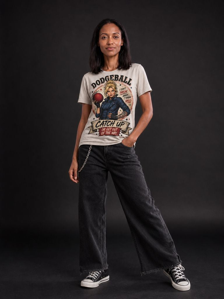 Model wearing a cream Catch Up dodgeball graphic tee