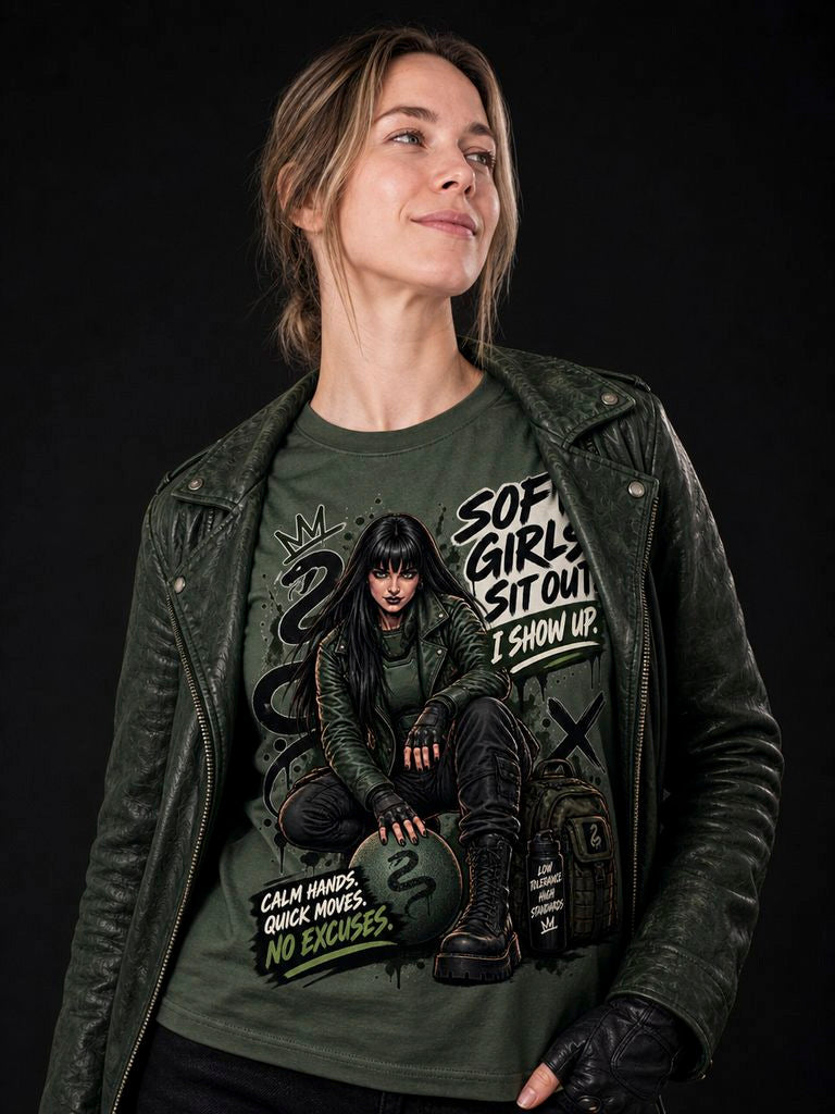 Model wearing a green Soft Girls Sit Out graphic top under a leather jacket