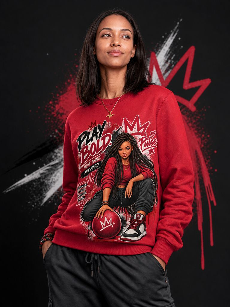 Model wearing a red Play Bold sweatshirt